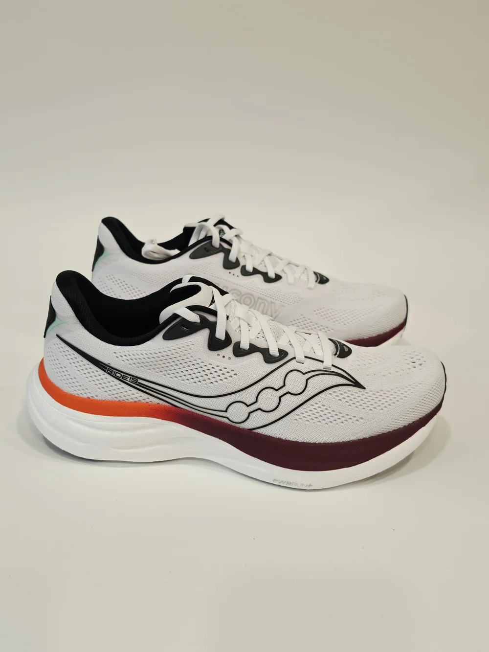 Saucony Ride 19 Men’s White Running Shoes Burgundy & Orange Accent US Size 10